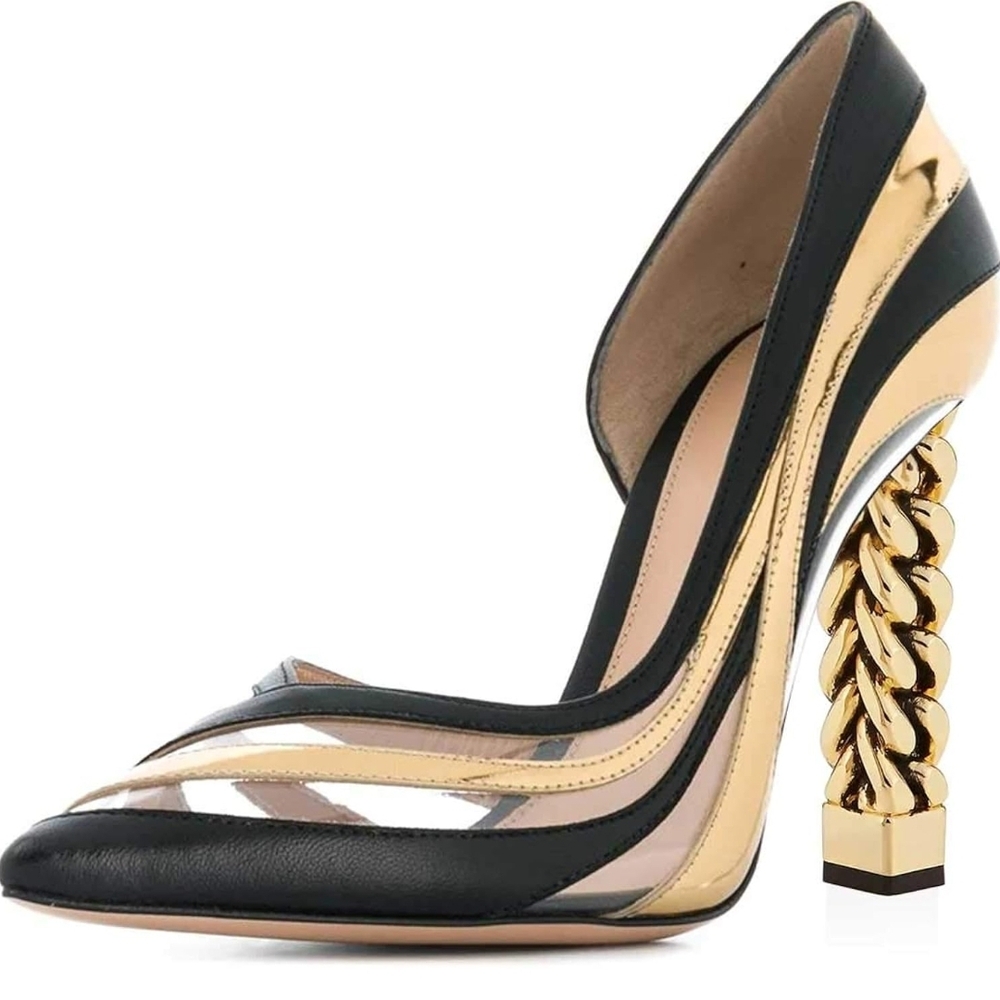 FSJ Black and Gold Chain Heel Pumps